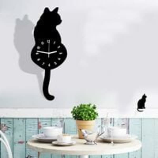 DIY Acrylic Wall Clock Modern Cute Clock Cat Waving Tail Home Decor Silent Movement (Black)