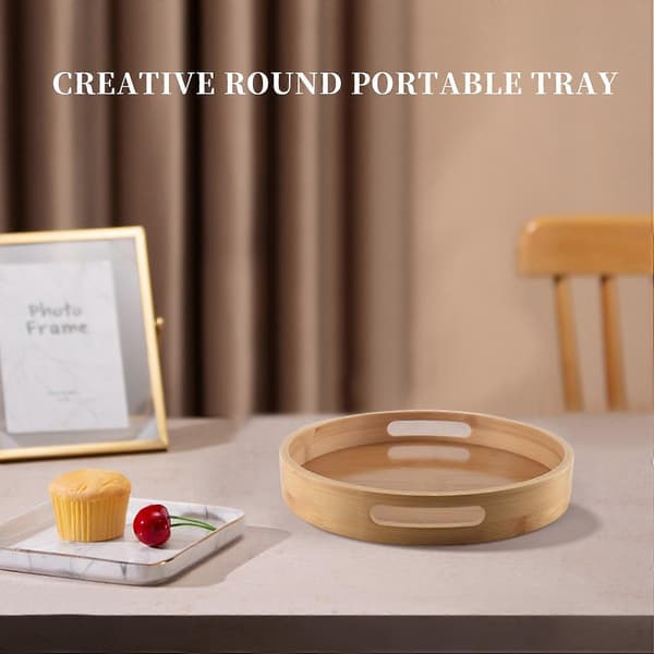 Round Bamboo Wood Serving Tray for Dinner Trays Tea Bar Breakfast Food Container Handle Storage T