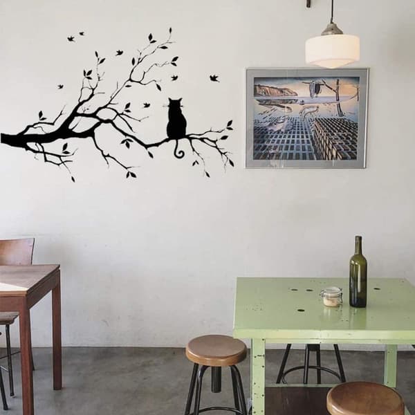 Black Tree Branches Wall Stickers Nursery Leaves, DIY Removable Vinyl Wall Art Decal Mural Home Decor (Cat)