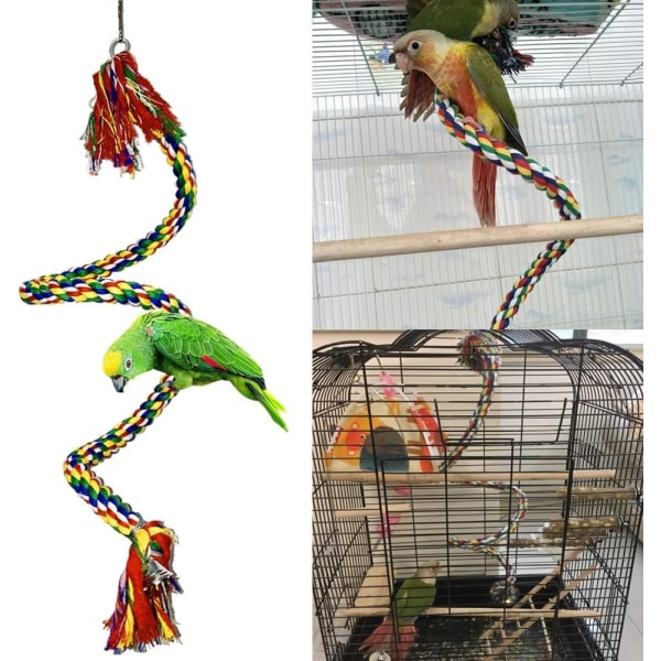 1,5M papegøye fargerikt klatretau svingeleker Papegøyestativ med klokke og hengende klips for papegøyer, undulater, araer, parakitter,