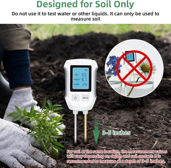 Digital Soil Moisture Meter 3-in-1 with PH Humidity Temperature Dual Probe Backlit LCD for Indoor and Outdoor Plants White
