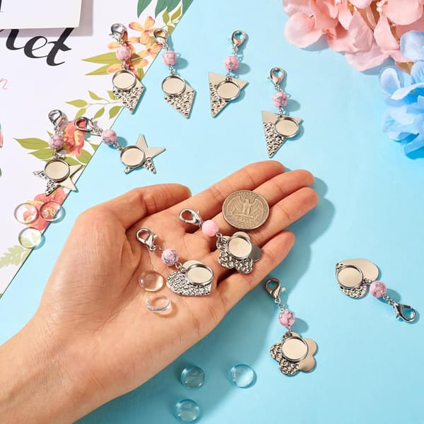 20 stk. rustfrit stål bezel bakke vedhæng blomst stjerne rombe hjerte trekant blank 12mm base cabochon charm til DIY håndværk nøglering smykkefremstilling