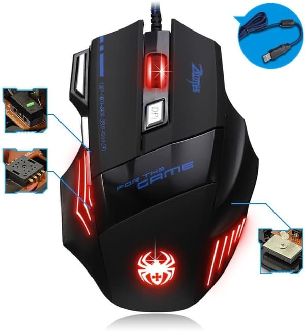 Kablet Gaming Mus, 2400 DPI, 7 Knapper Ergonomisk Mus, Optisk USB-Mus, Computermus, Kablet Mus til PC, Laptop, Sort