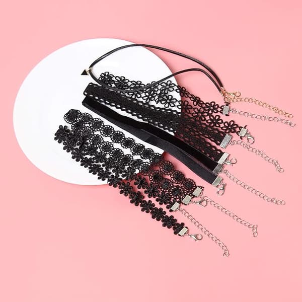 6 stk halskæde sort fløjl choker sæt klassisk gotisk tatovering blonde chokers