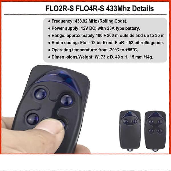 FLO2R-S 433MHz Rullende Kode Garasjeportfjernkontroll FLO2R-S Grindfjernkontroll Flor-2