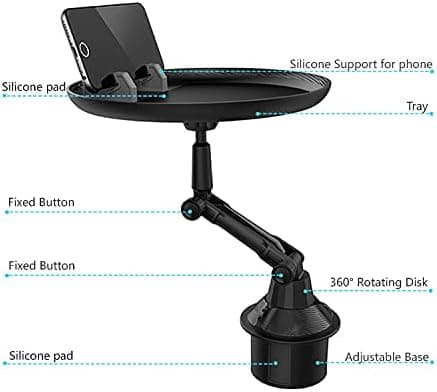 Car Cup Holder Tray, Adjustable Car Table Cup Holder Tray with 360 Degree Swivel Arm and Expandable Base