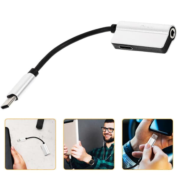 2-i-1 USB Type C til 3,5 mm hovedtelefonadapter oplader USB-C lydkabel 3,5 jack hovedtelefonadapter til telefon sølv Silver