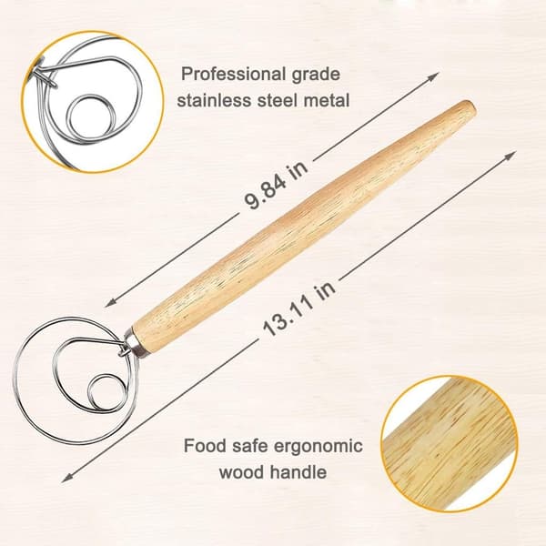3 Pieces 13” Danish Dough Whisks, Bread Mixer, Stainless Steel Dutch Whisk with Dough Scraper (Scraper Color Random)