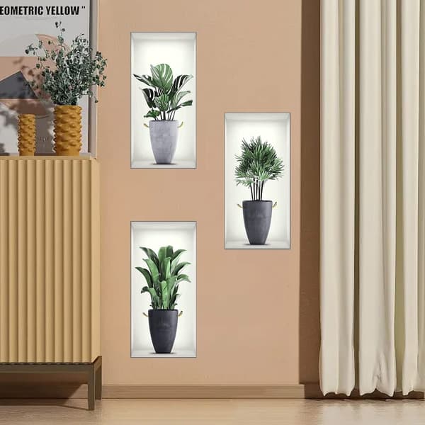 3D Väggdekaler Vas 3 st, 3D Vinyl Väggdekorationer DIY Väggtatuering Gröna Växter Väggdekaler Självhäftande för Vardagsrum, Sovrum