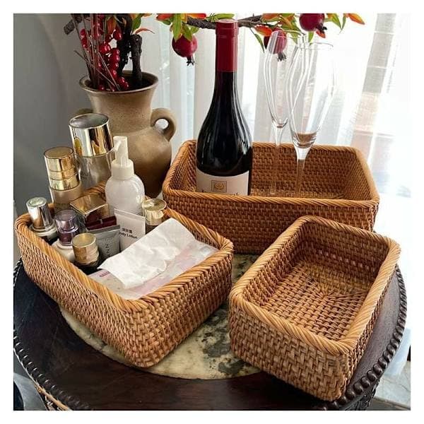Rectangular Rattan Storage Basket, Rattan Fruit Basket, Natural Woven Organizer for Kitchen/Dining Room (Set of 3)