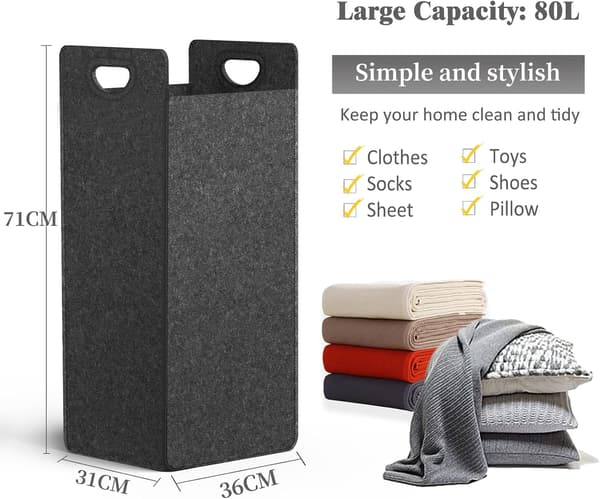 Laundry Basket, Felt Dirty Clothes Container, Foldable Storage Basket with Handles, Portable Laundry Hamper for Pillows, Sheets, Toys, Blankets and