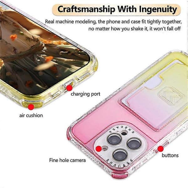 Gradientfarget PC + TPU Anti-fall telefondeksel til iPhone 16 Pro Max, kortholder med linsebeskytter (rosa gul)