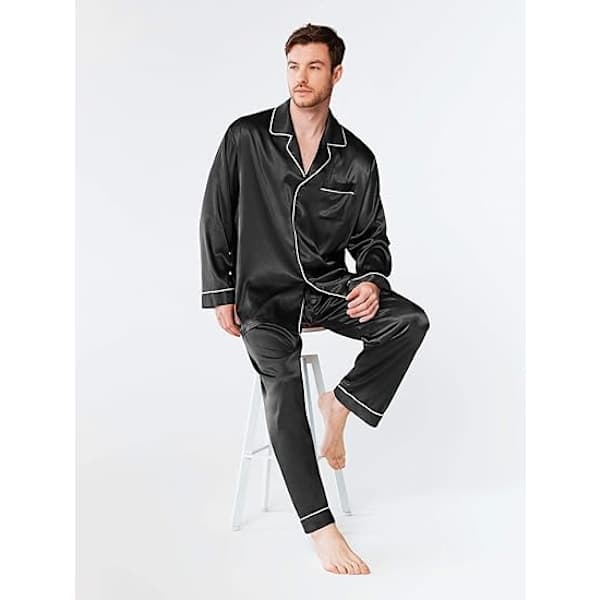 Men's Satin Pajamas, Long Sleeve Button-Down PJ Set with Pockets - Black