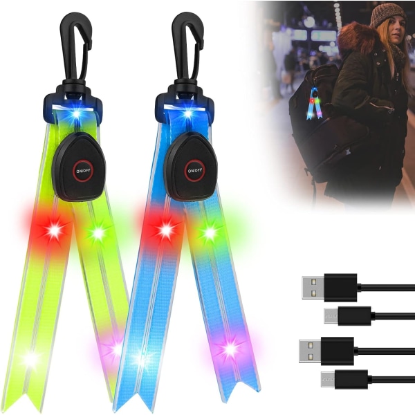 blå og grøn 2-pak LED-blinklys til skoletaskereflektorer med farverigt lys USB genopladelig reflektor til jogging Vandring Løb