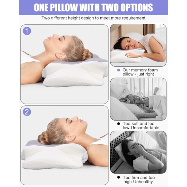 QU*Nackkudde för sömn, ergonomisk nackkudde, ortopedisk nackkudde med memory foam och tvättbart överdrag för nack- och axelsmärta