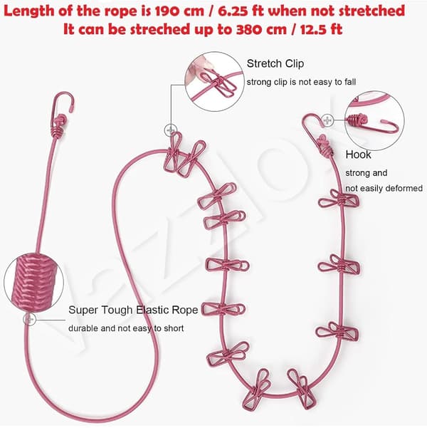Clothes Drying Line with Hooks (2-pack) Elastic Clothes Hanger Line for Clothes Drying with 12 Clips Clothesline for Drying Clothes