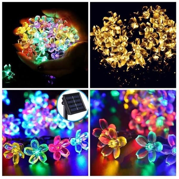 Outdoor Solar String Lights 7m 50 Colorful LEDs, Waterproof Cherry Blossom Shaped String Lights, 8 Garden Light Modes