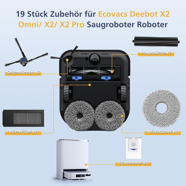 19-delers tilbehørssett for Ecovacs robotstøvsuger Deebot X2 Omni/ X2/ X2 Pro, hovedbørste, tilbehørssett osv.