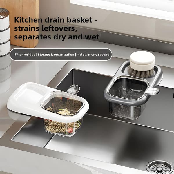 Sink Hanging Strainer with Suction Cup, Automatic Tilting Sink, Strainer Basket, Hanging Corner Sink Kitchen Waste Collector (White)