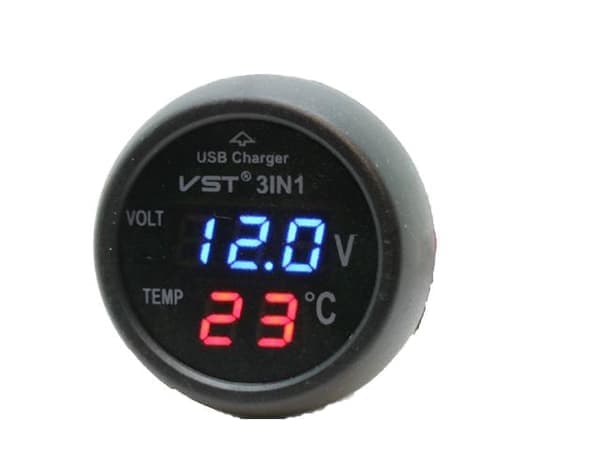 Voltmeter Temp + USB 5v lader 4-30v DC bil båt bobil campingvogn Svart