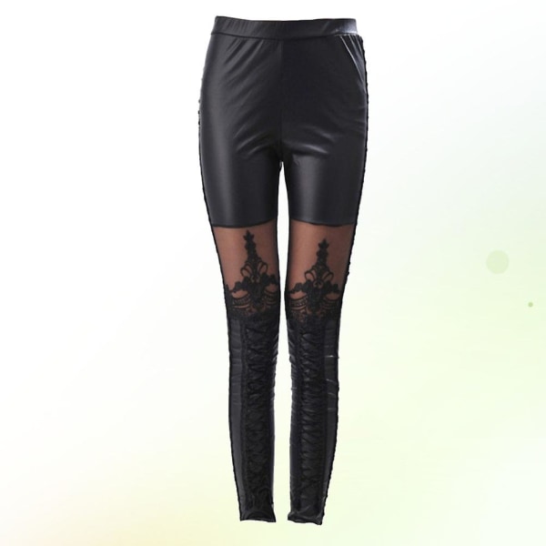 Imitation Leather Lace Splicing Leggings Women High-waisted Pants Thin Tights Pants For Women Female (black Size M)BlackM