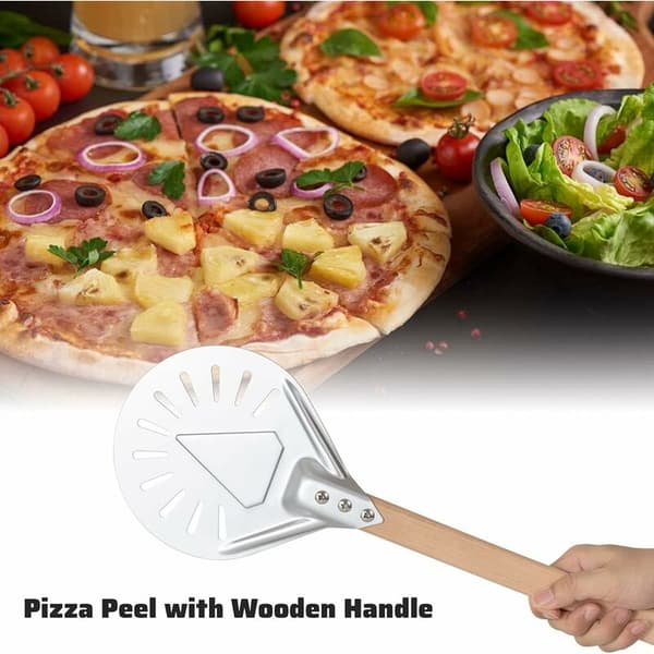 7\" Rund Pizzaspade, Perforert Pizzaspade med Avtakbart Langt Trehåndtak, Laget av Aluminium og Sklisikkert Håndtak