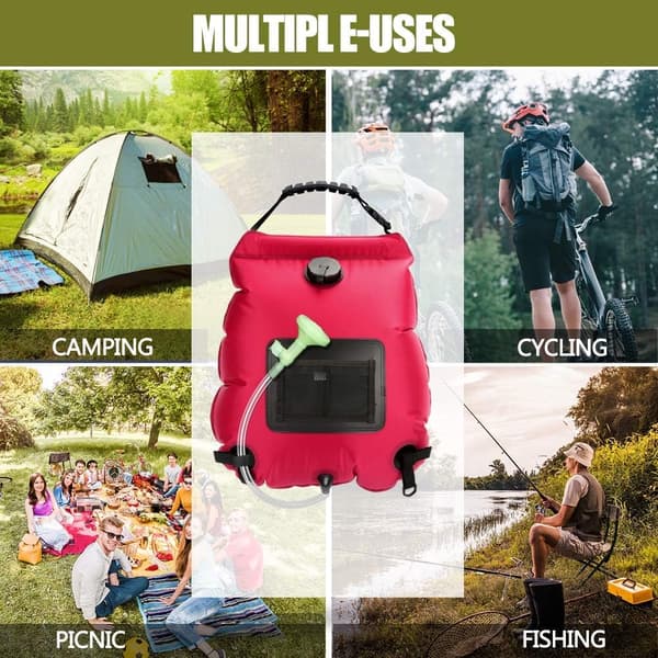 20L Solardusjpose, Campingdusjpose Solvarmet Vannpose Bærbar Campingdusjpose Klatring Utendørsdusj med Slange og Dusjhode rød red