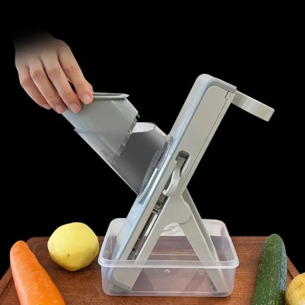 Mandolinskärare, 5-i-1 grönsakshackare med stor kapacitet, säker pryl för att skära grönsaker och frukter, Julienne, tärningar, köksprylar (grå)
