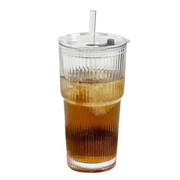 Fluted Glass Cup 600ml with Lid and Straw - Coffee Cup with Heat-Resistant Sleeve White Large Capacity D D