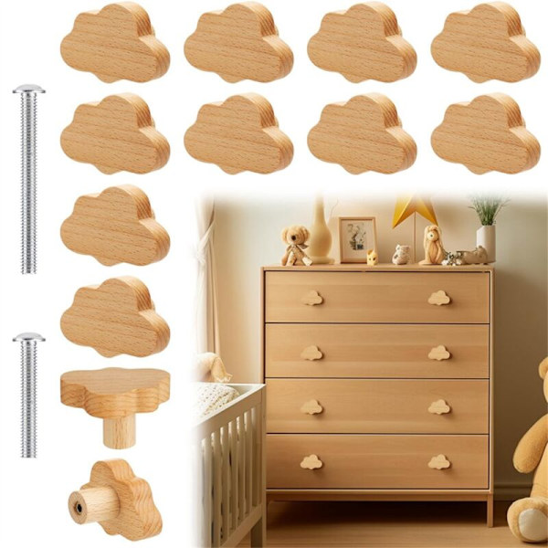 Boho Door Knobs - 12 Pack Durable Beech Wood Drawer Knobs, Cloud Shaped Handles for Cabinets, Furniture
