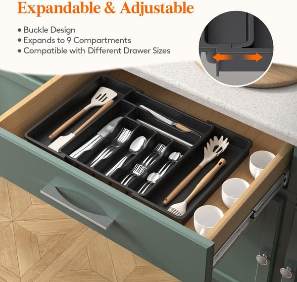 Cutlery Drawer Organizer, Extendable Cutlery Drawer Organizer for Kitchen Drawers, Adjustable Tray for Black