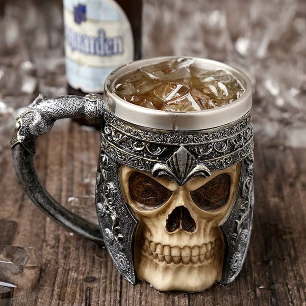 Goottilainen 3D Skull Muki - Seleton ruostumattomasta teräksestä valmistettu muki juomakuppi juomaa, kahvia, olutta, verimehua varten, keskiaikainen Viking Warrior Skull Armour