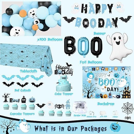 Blue Halloween Balloon Arch Kit with Ghost and Bat Party Decorations, Hanging Garland and Backdrop Materials