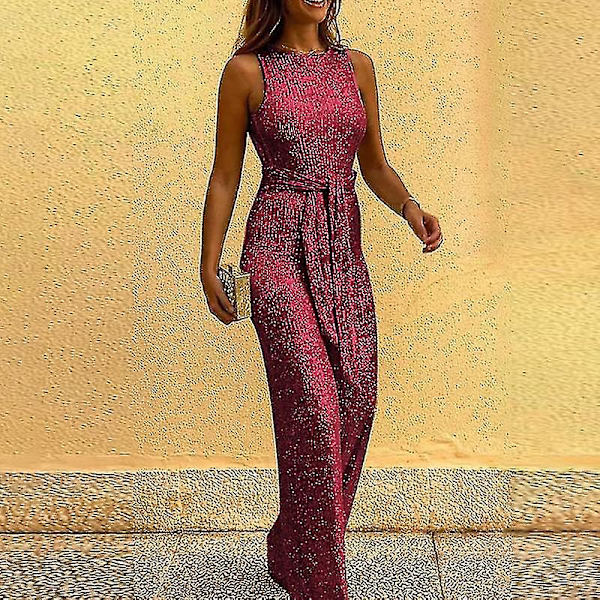 Europeisk och Amerikansk Rundhalsad Ärmlös Personlig Sekvens Silverprickig Jumpsuit Damkläder XXL Röd red XXL