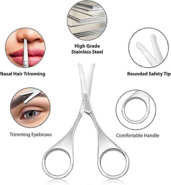 Rounded Tip Scissors for Nose and Ears - Versatile - Best for Nose, Eyebrows, Ears, Beard and Moustache (2 pcs, Silver)