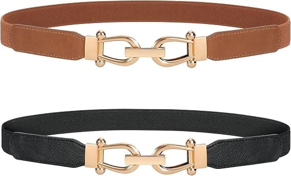 2-pakning elastiske damebelter, vintage elastiske tynne belter med gullspenne