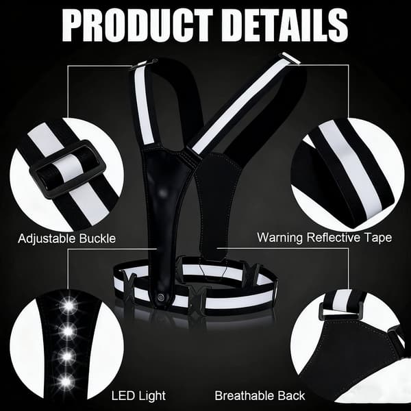 Reflective Running Vest with LED Lights, Rechargeable, Adjustable, Lightweight for Jogging, Cycling, Black