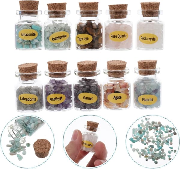 Naturlige krystall-edelstensprøver 10 stk Mini ønskeflasker Mineralsamling