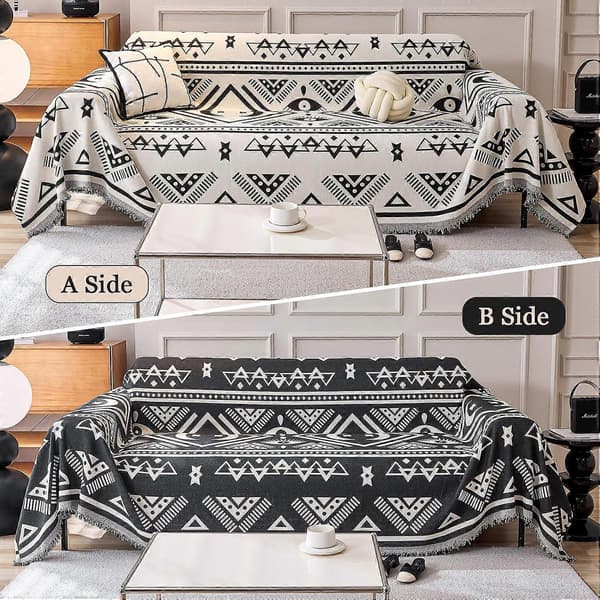 Vendbare sofabetræk Chenille Jacquard Geometrisk Boho Sofabetræk, Beige Sort Sofabetræk til Sektionssofa Chic Møbelbeskytter 180x