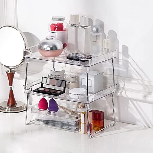 Stackable Cabinet Organizers and Storage, 2-Pack Cabinet Storage Organization, Clear Cabinet Shelves