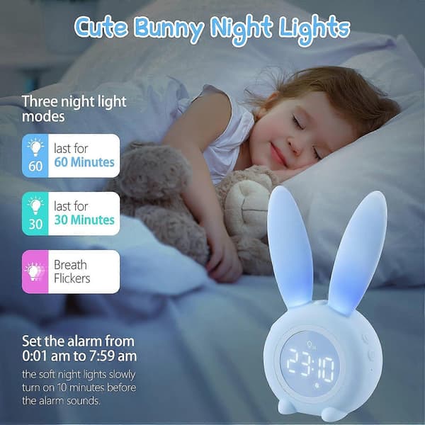 Illuminated Alarm Clock for Kids, Cute Rabbit Alarm Clock, Bedside Lamp Snooze Function, Night Light, Party Gift for Kids, Boy - Blue db