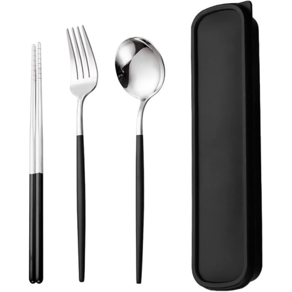 Reiseutstyr, rustfritt stål 4 stk bestikksett Portable Camp Gjenbrukbart bestikk sølvtøy, inkludert gaffelskje spisepinner med etui (svart)