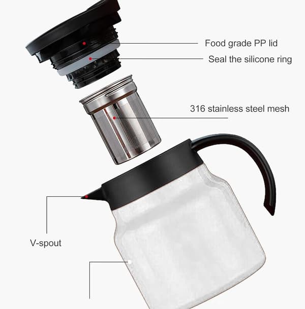 Tekanne i rustfritt stål med sil og lokk, isolert for løs te og blomstrende te, 800 ml, hvit