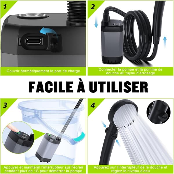 Camping Dusjsett, Bærbar Dusj, Oppladbar Elektrisk Dusjpumpe, Vanntett, med Smart Display og 4 Moduser Dusjhode for Utendørsbruk, Camping