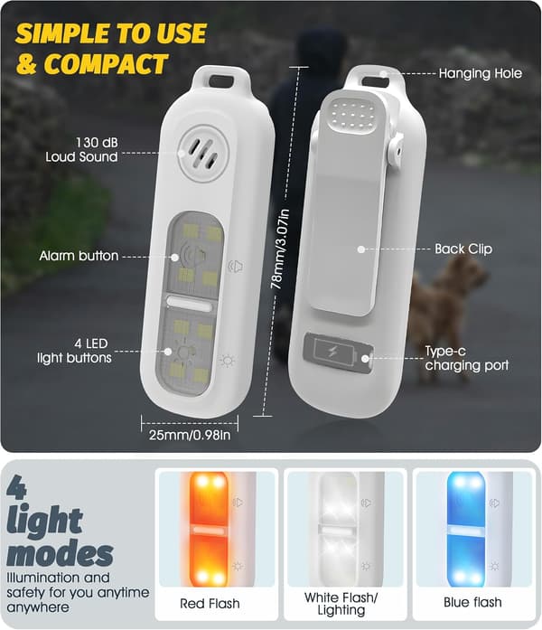 Personal Security Alarm with Strobe Light, Safety Alarm Night Running Strobe Tri-Color Flashing Light - White