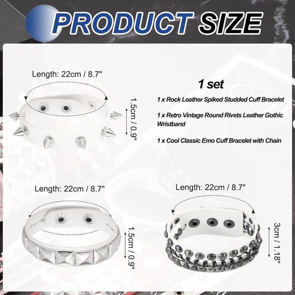 Rock Punk Nitat Läderarmband Set Vit White