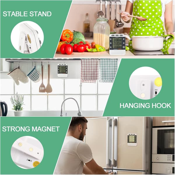 A set of two digital kitchen timers with 3 channels and countdown function, suitable for cooking, baking, grilling, and classroom use.