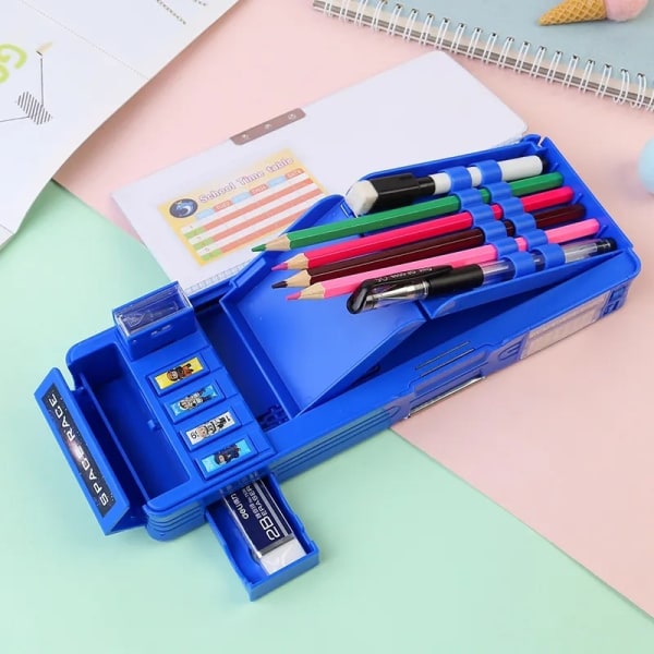 Multifunktions pop-up case för barn (utan lås), söt tecknad organizer med pennvässare, schema, blå