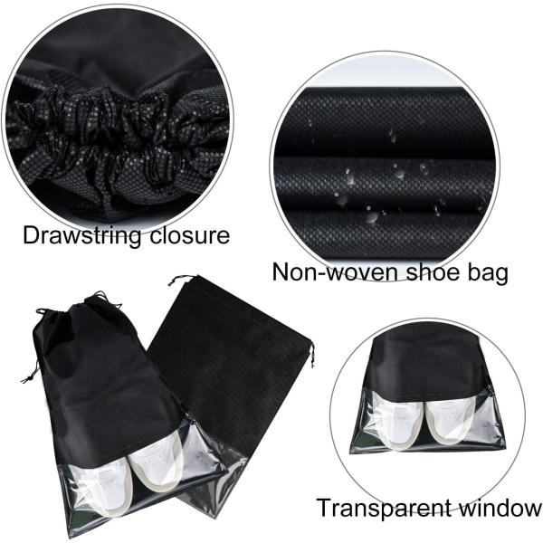 6 stk reiseskoposer, snøreskooppbevaringsposer for pakking, svart støvpose gjennomsiktig husholdningsreiseskotrekk