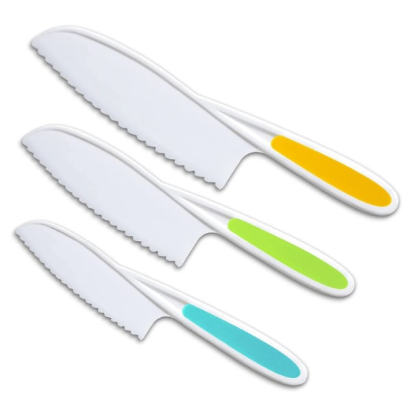 Knive til børn 3-delt køkken madlavnings- og bageknivesæt: Montessori børneknive i 3 størrelser og farver/fast greb